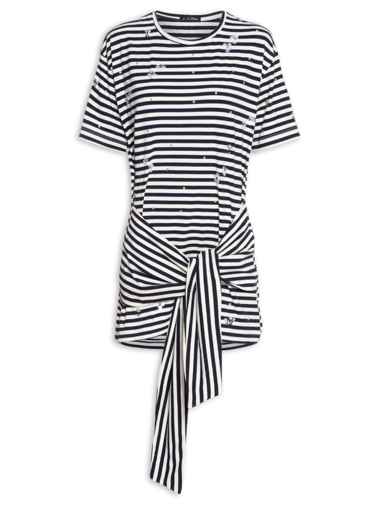 Vestido Malha Listrada Bordados - Azul