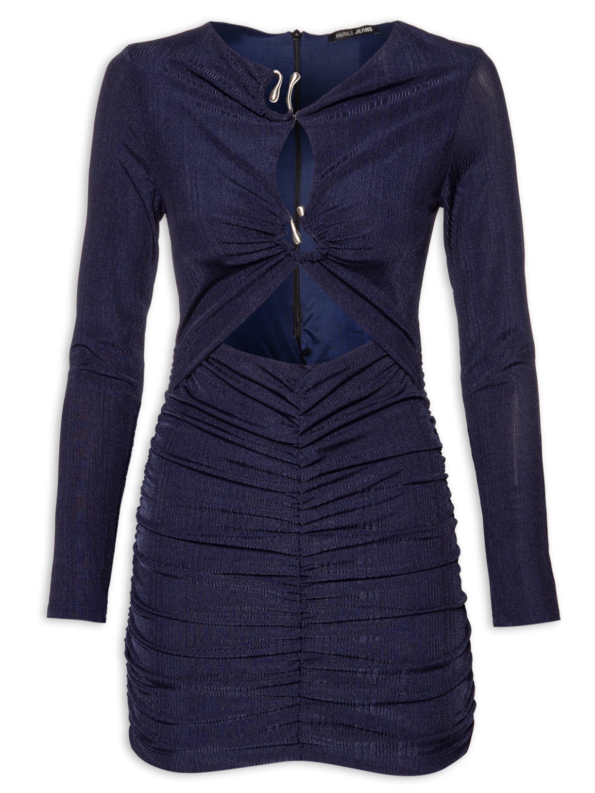 Vestido Malha Manga Longa Abertura Decote - Azul