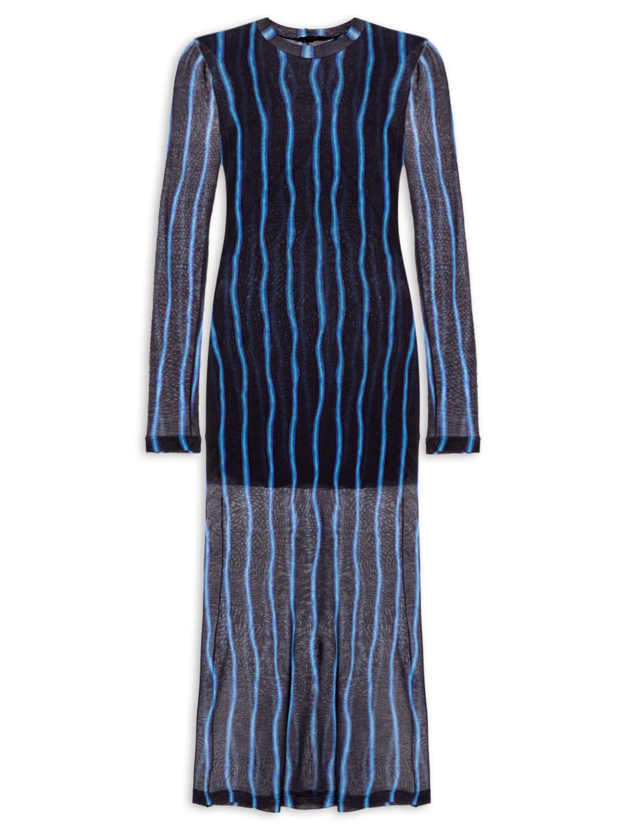 Vestido Malha Manga Longa Franzido Listra - Preto