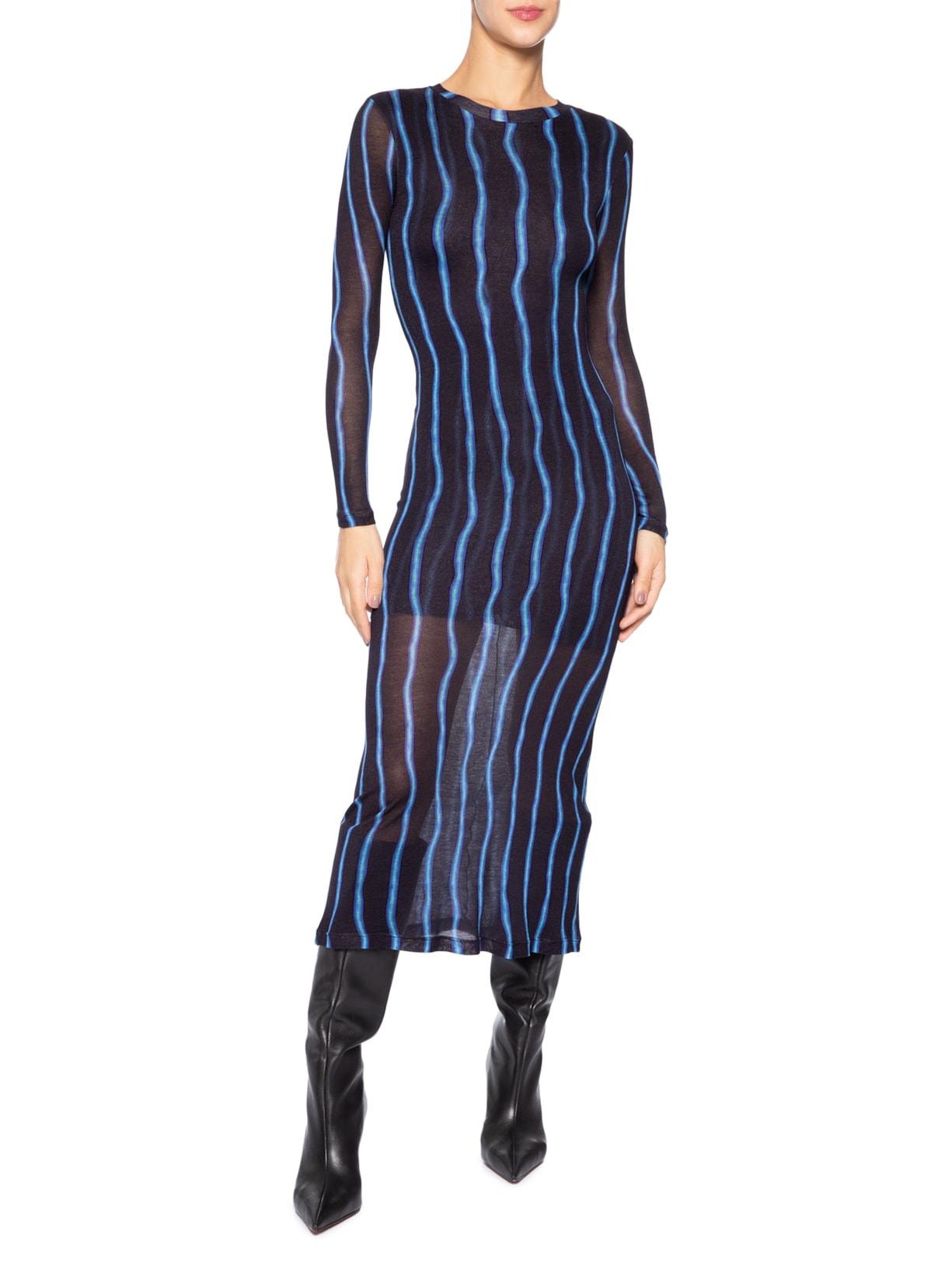 Vestido Malha Manga Longa Franzido Listra Preto Animale