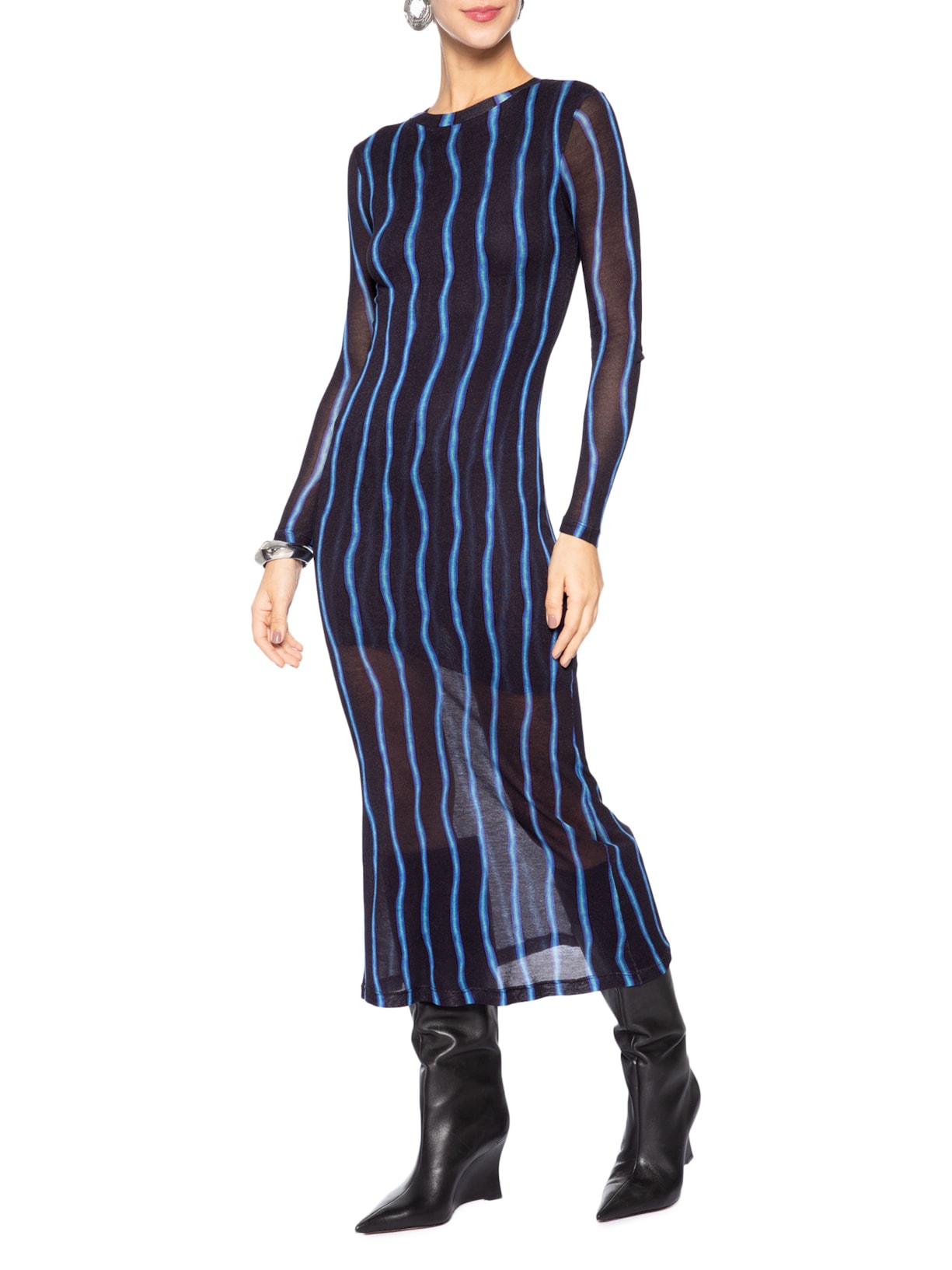 Vestido Malha Manga Longa Franzido Listra Preto Animale