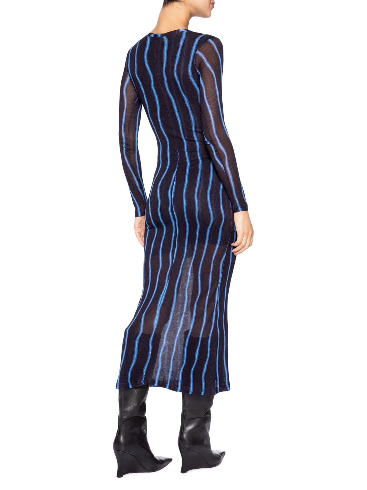 Vestido Malha Manga Longa Franzido Listra Preto Animale