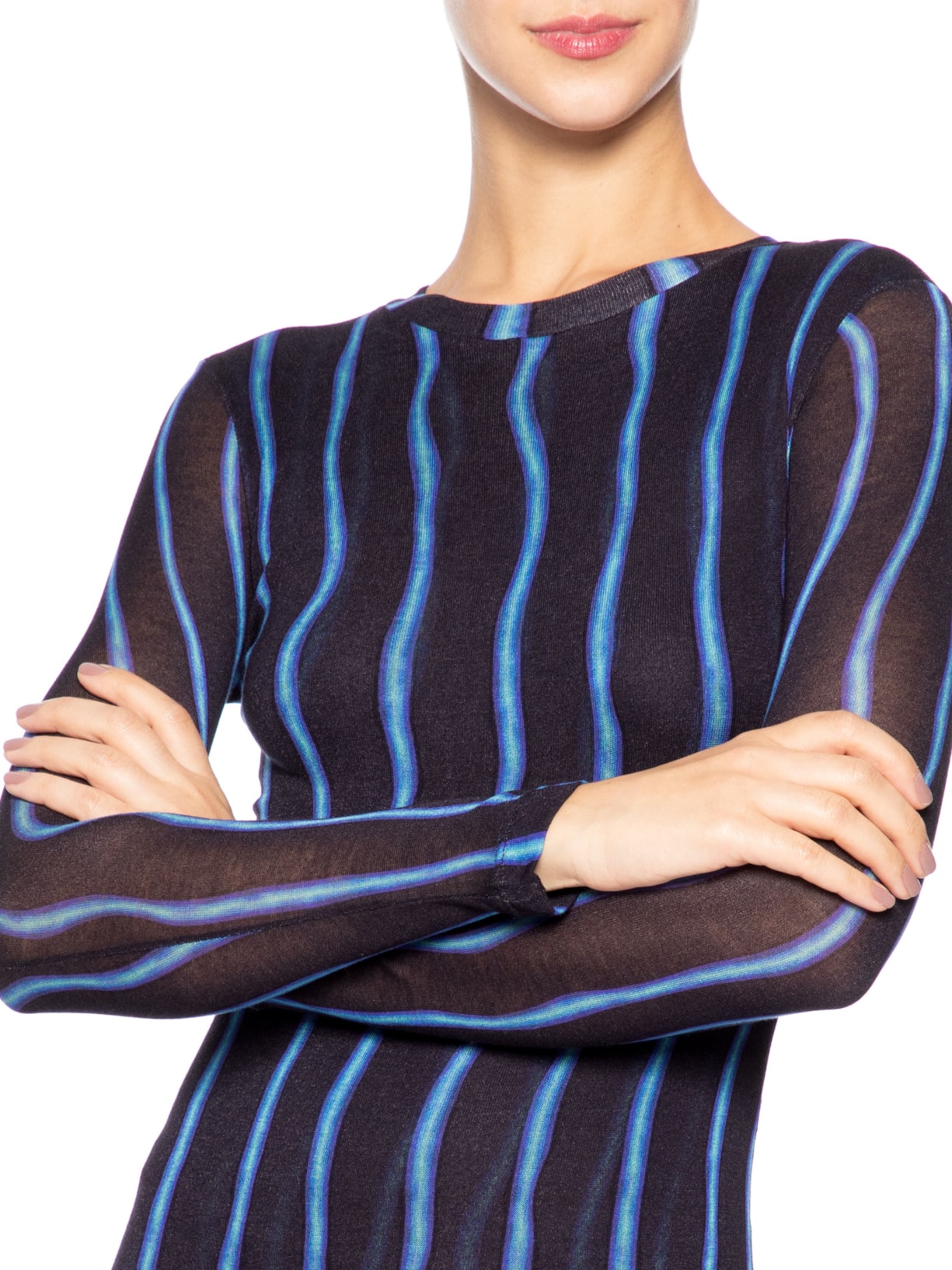 Vestido Malha Manga Longa Franzido Listra Preto Animale