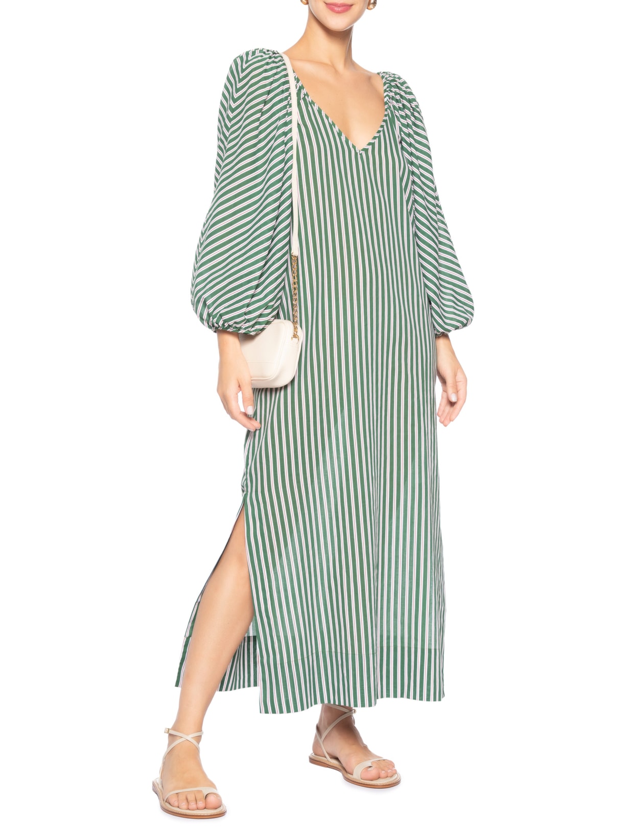 Vestido  Manga Bufante De Voil Listrado Verde Animale