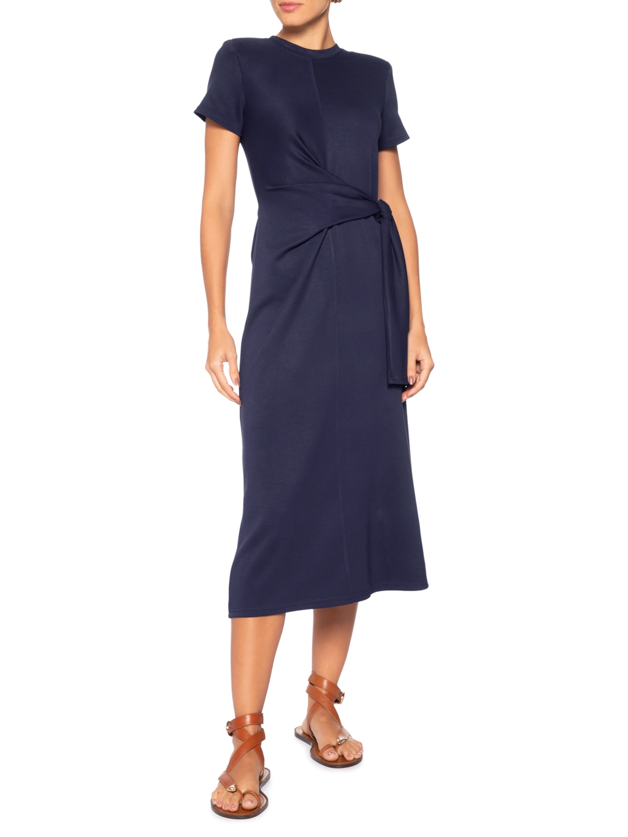 Vestido Manga Curta Com Amarração Azul Basiq