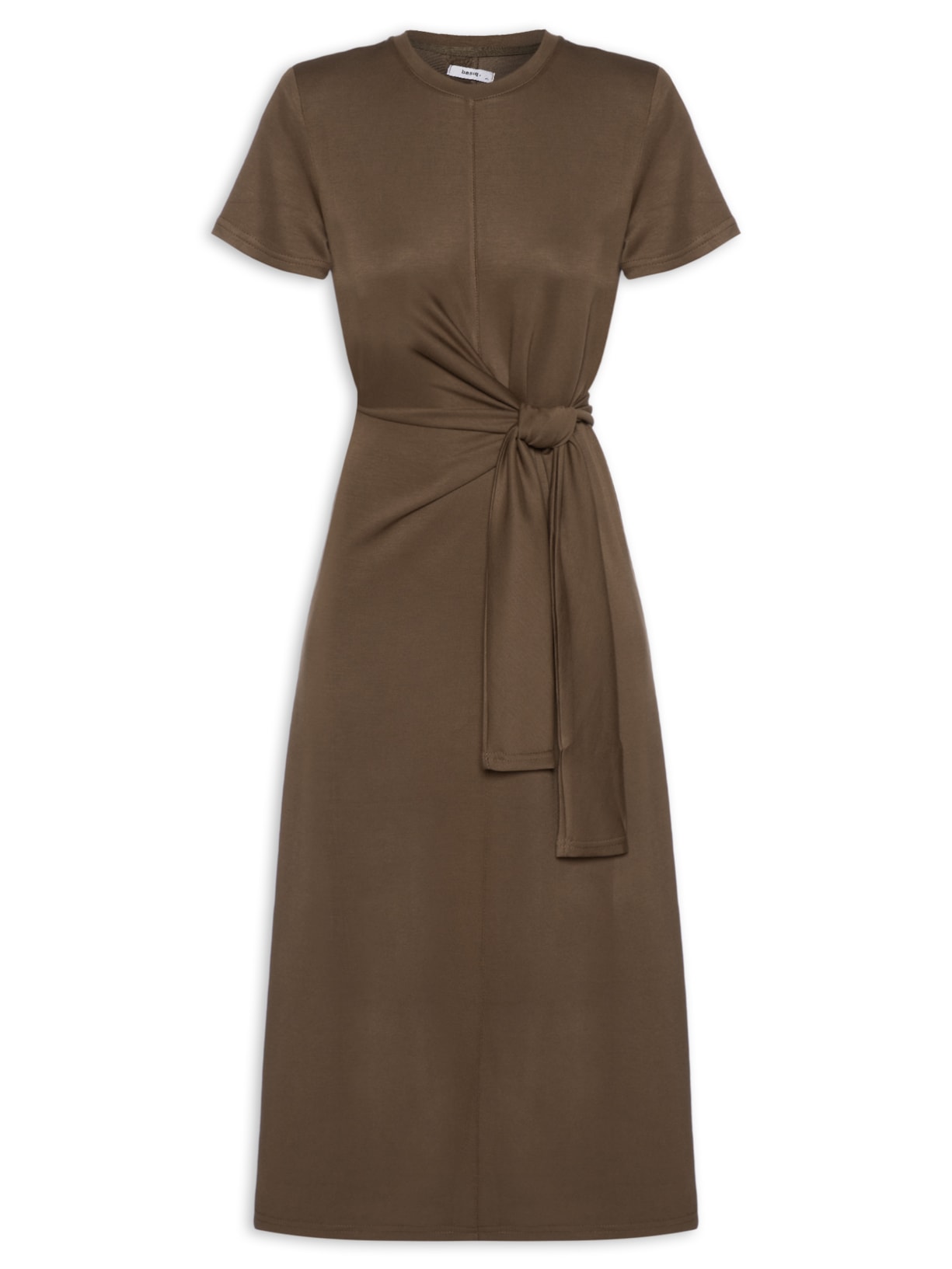 Vestido Manga Curta Com Amarração - Marrom