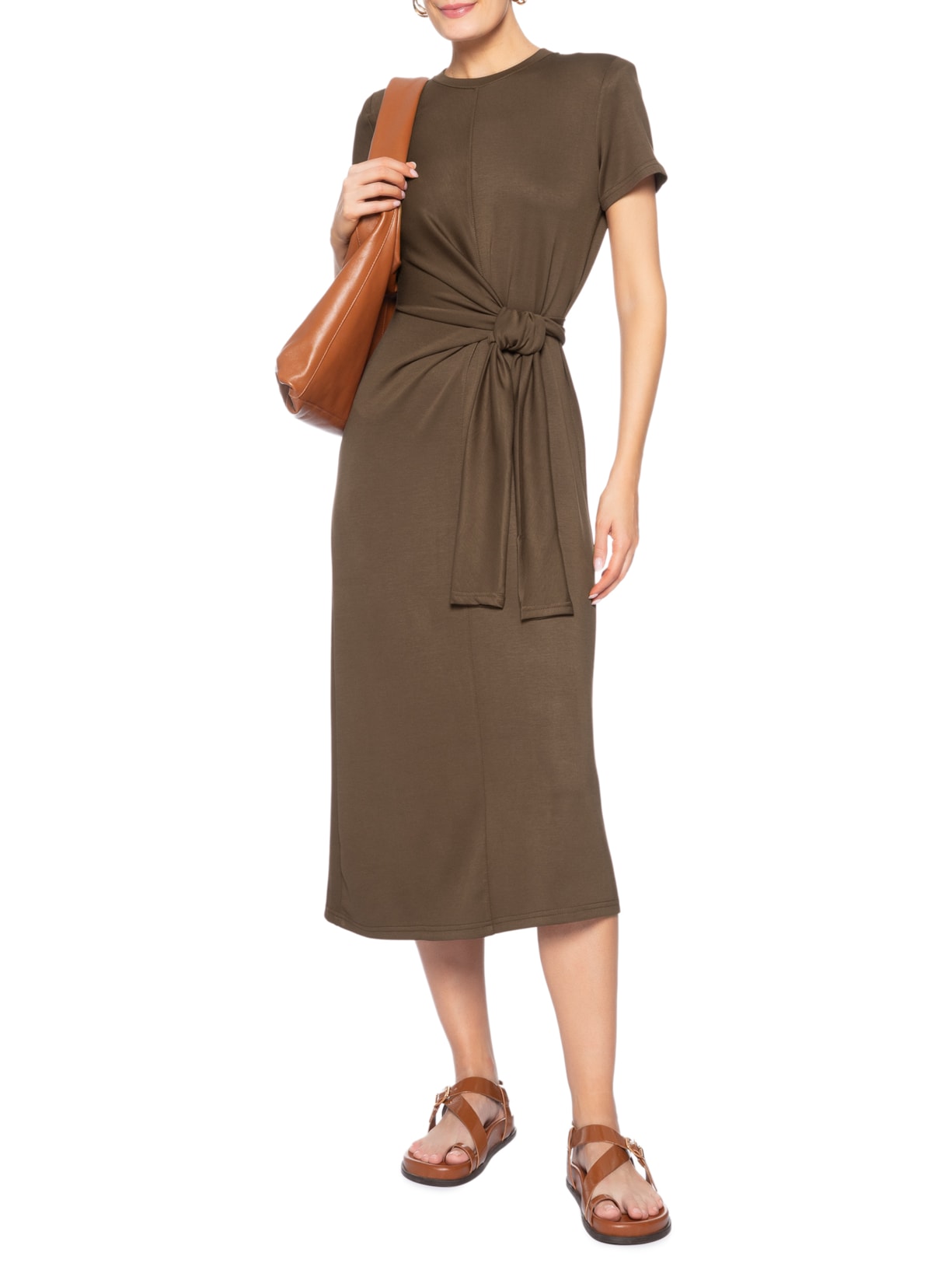 Vestido Manga Curta Com Amarração Marrom Basiq