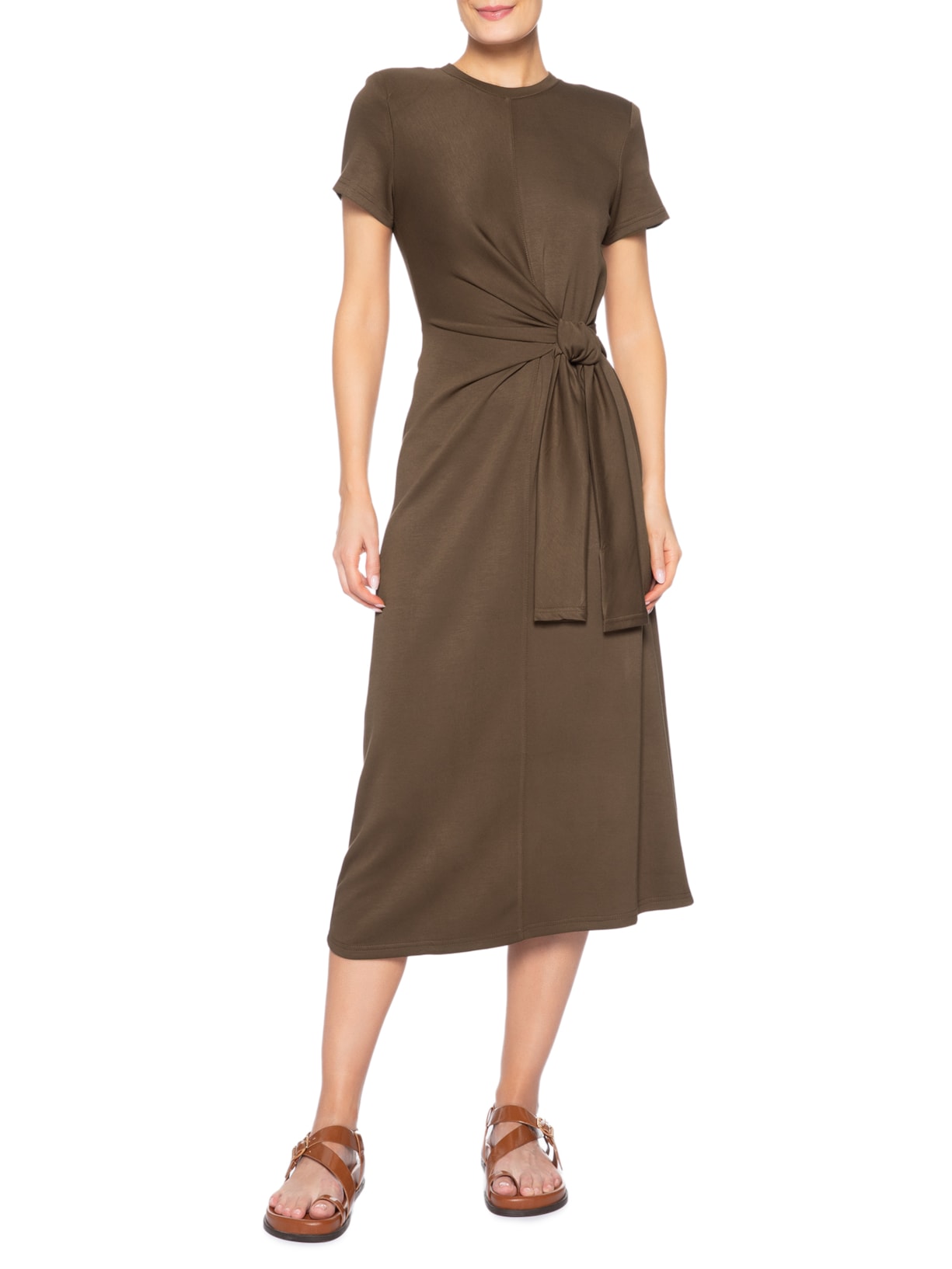 Vestido Manga Curta Com Amarração Marrom Basiq