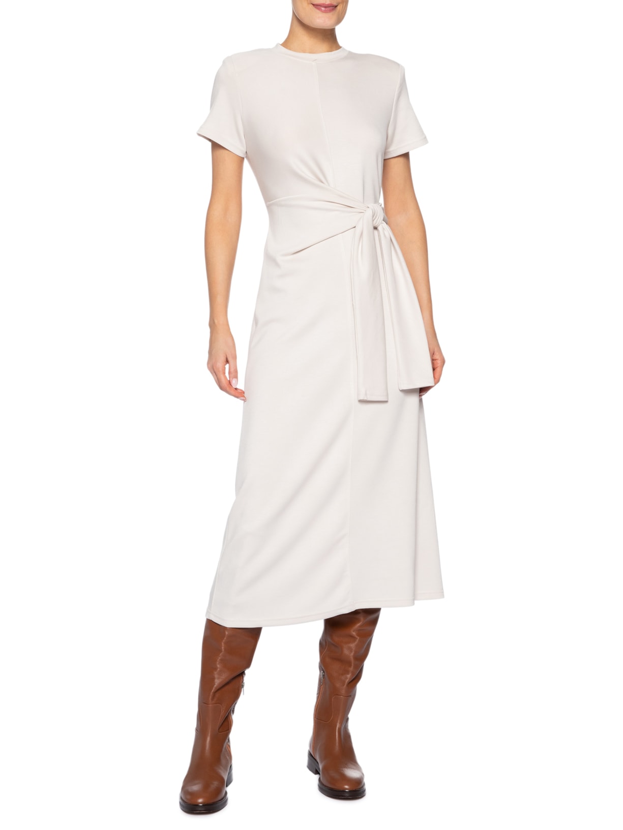 Vestido Manga Curta Com Amarração Off White Basiq