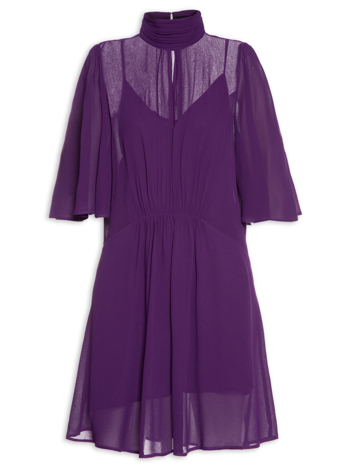 Vestido Manga Curta Franzido Roxo Plum - Roxo