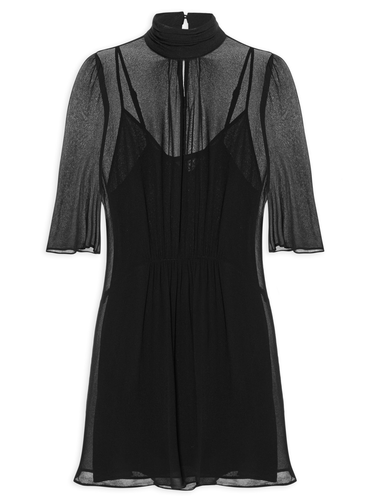 Vestido Manga Curta Franzidos - Preto