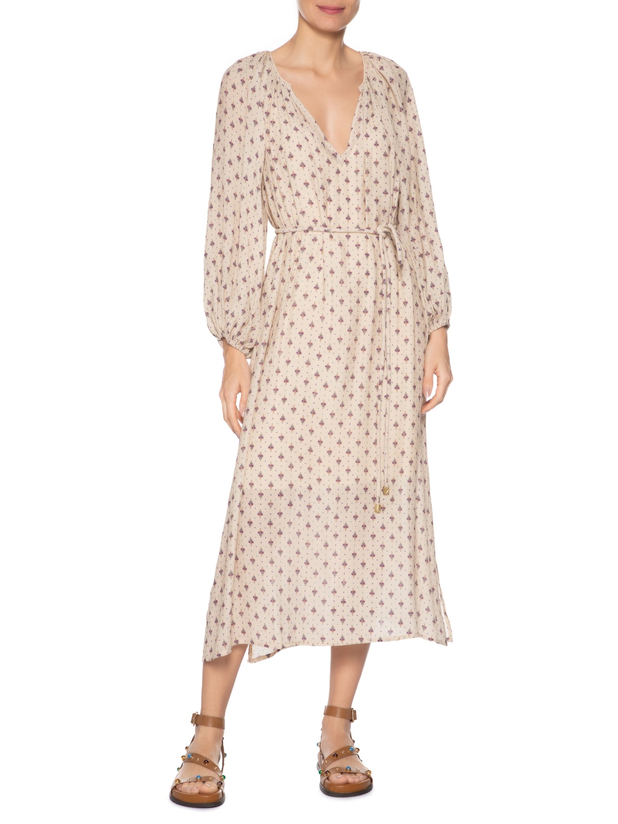 Vestido Manga Estampa Zaz Bege Maria Filó