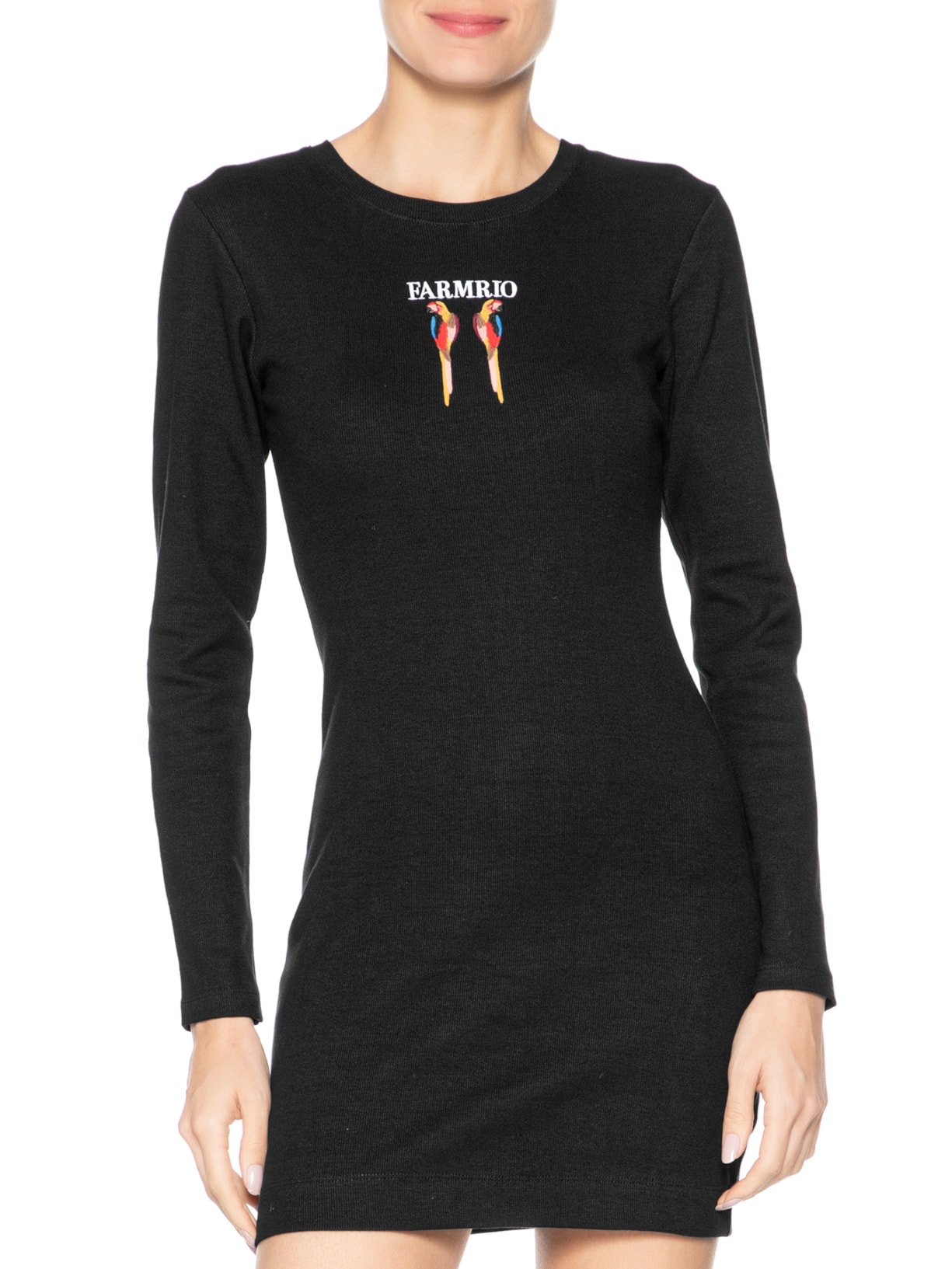 Vestido Manga Longa Bordado Araras Preto Farm