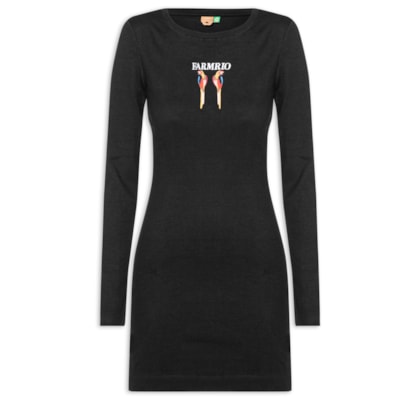 Vestido Manga Longa Bordado Araras - Preto