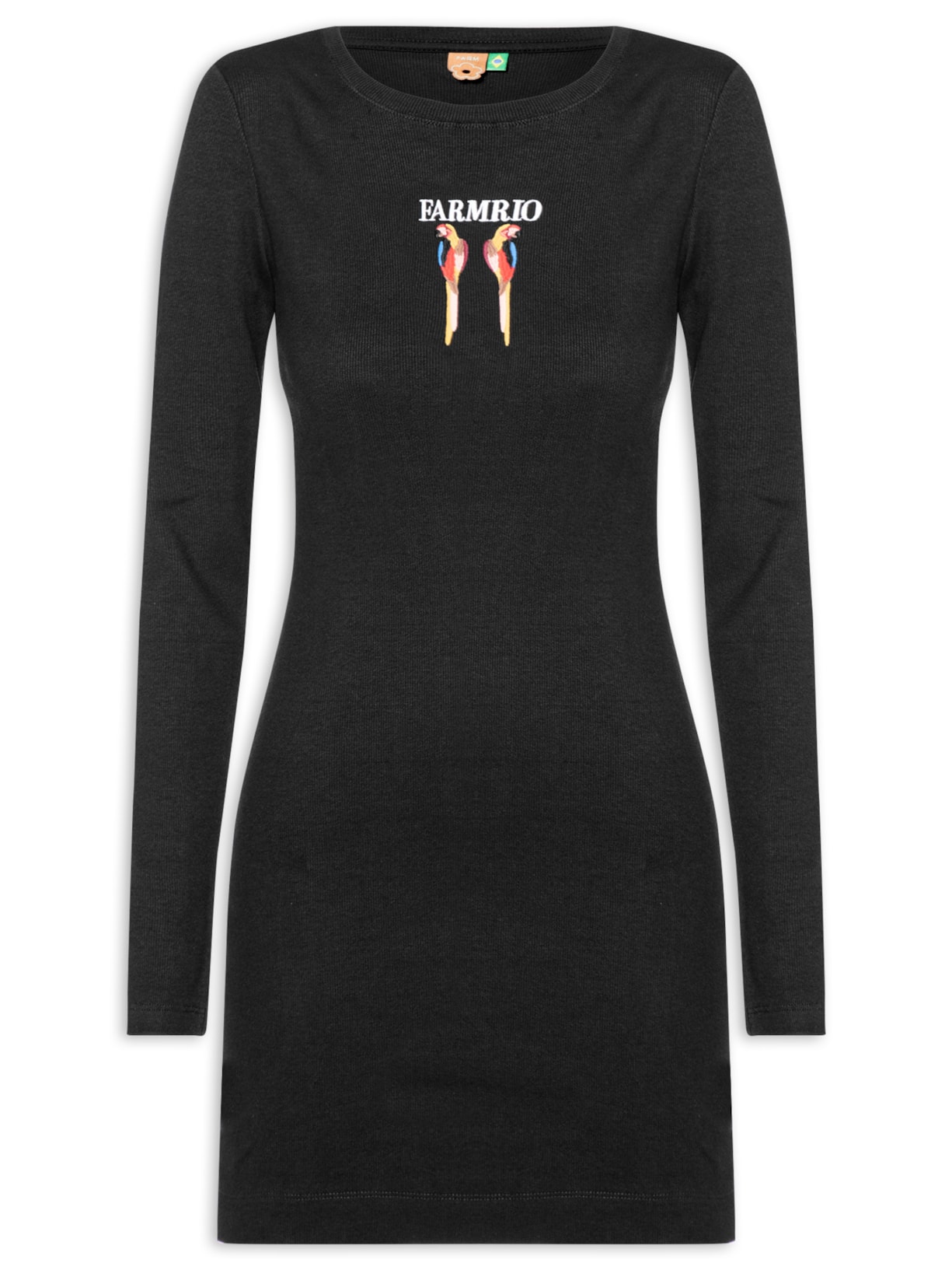 Vestido Manga Longa Bordado Araras - Preto