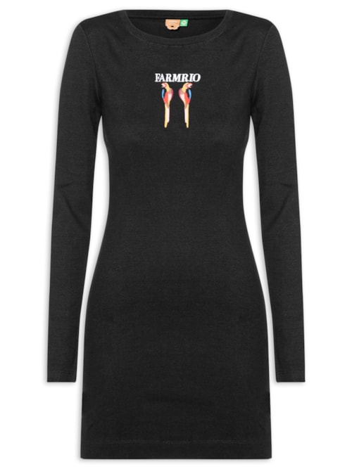 Vestido Manga Longa Bordado Araras - Preto