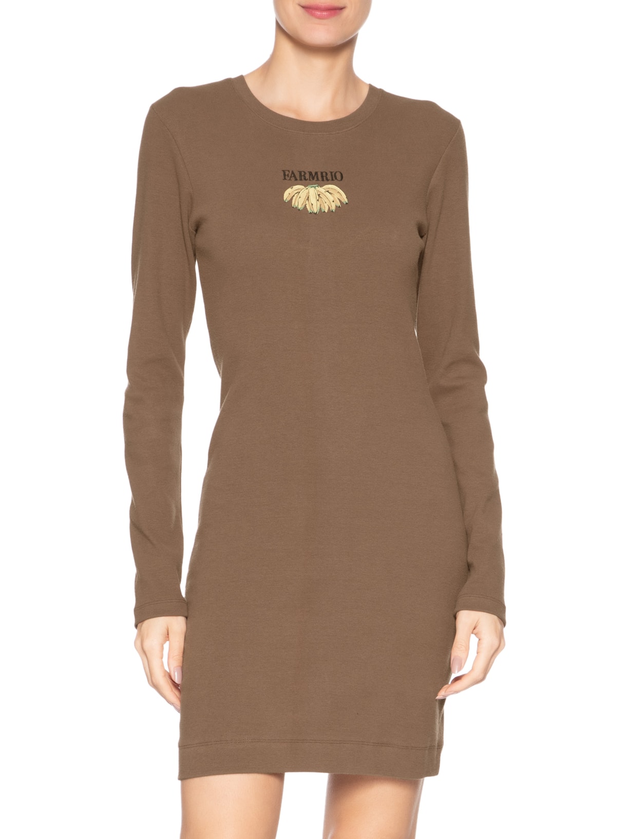 Vestido Manga Longa Bordado Bananas Marrom Farm