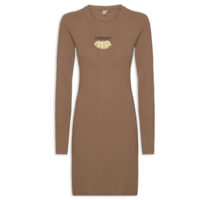Vestido Manga Longa Bordado Bananas - Marrom
