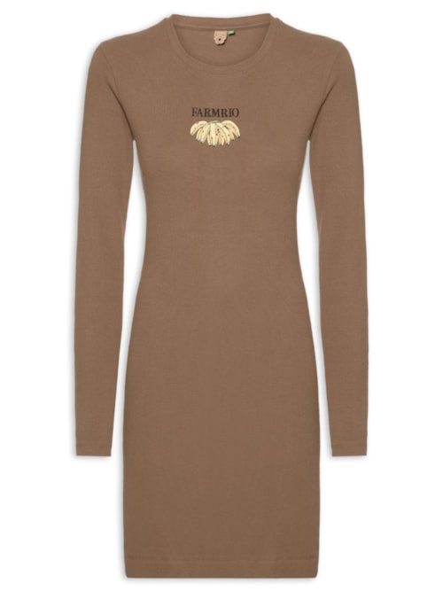 Vestido Manga Longa Bordado Bananas - Marrom