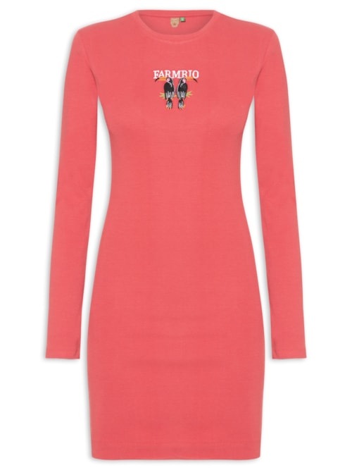 Vestido Manga Longa Bordado Tucanos - Vermelho
