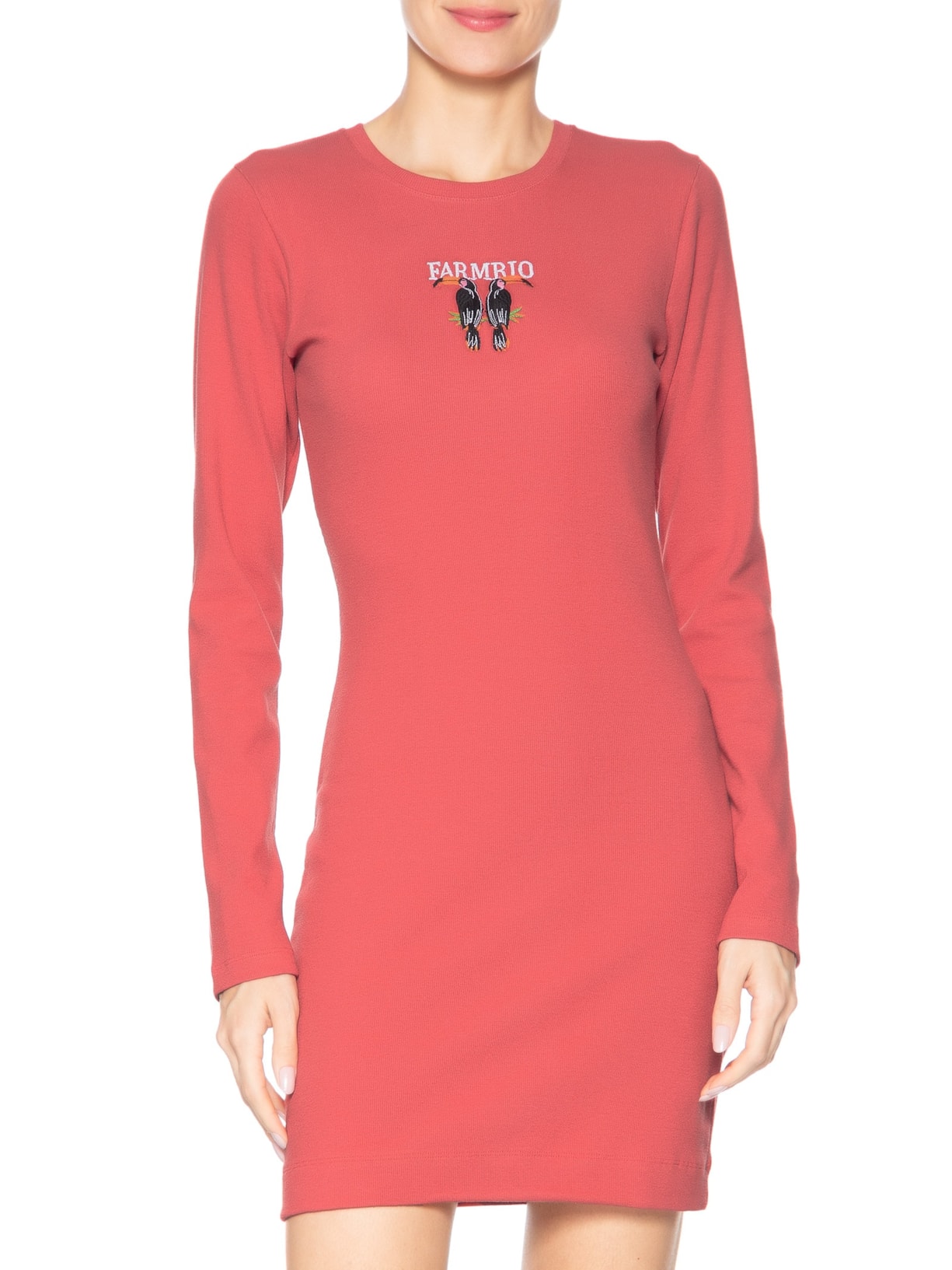 Vestido Manga Longa Bordado Tucanos Vermelho Farm