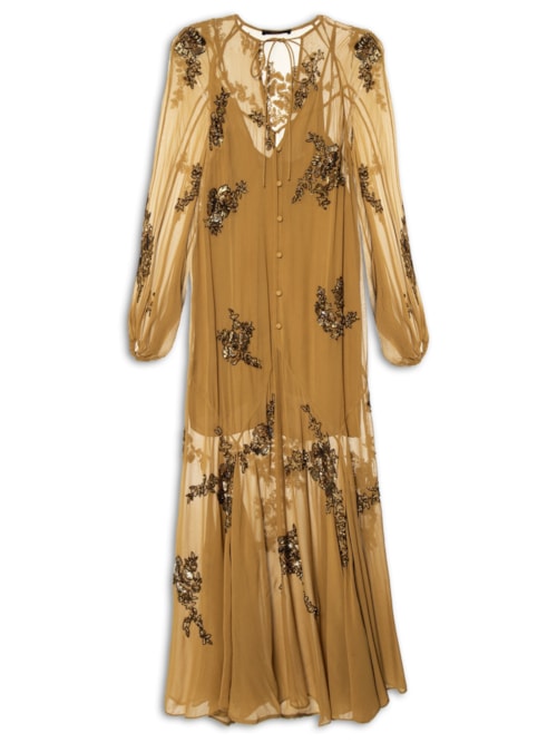 Vestido Manga Longa Com Bordado - Marrom