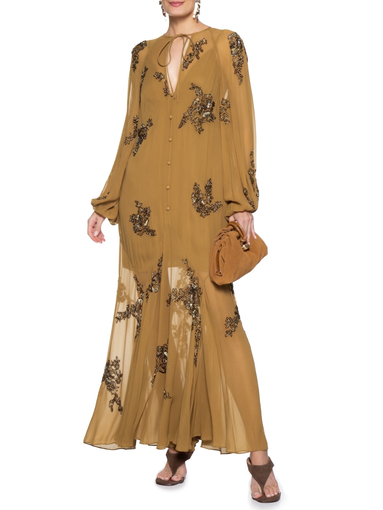 Vestido Manga Longa Com Bordado Marrom Animale