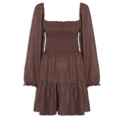 Vestido Manga Longa Com Lastex – Marrom