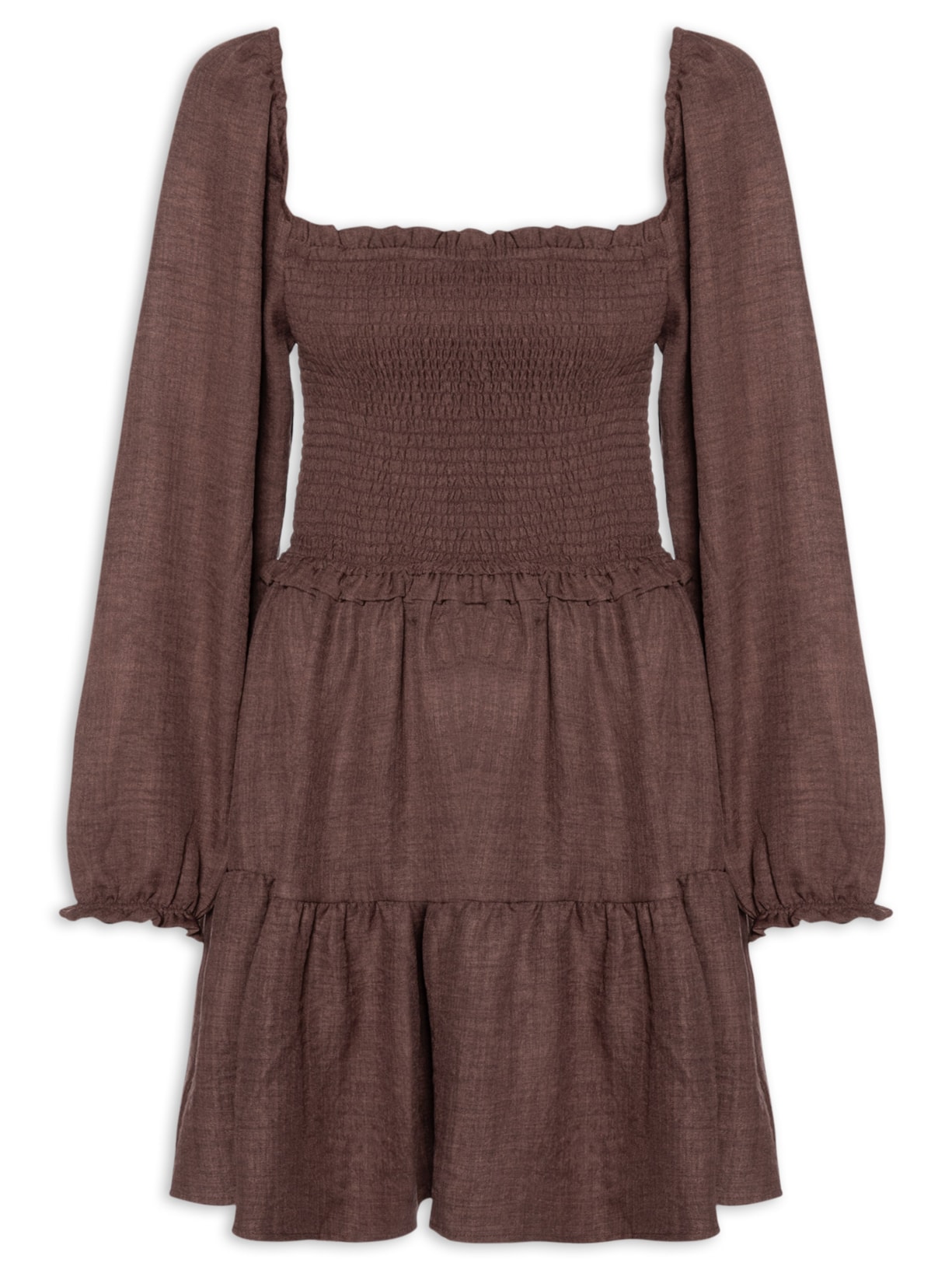 Vestido Manga Longa Com Lastex – Marrom