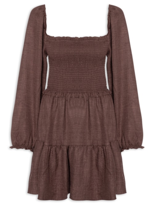 Vestido Manga Longa Com Lastex – Marrom