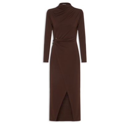 Vestido Manga Longa Com Transpasse - Marrom