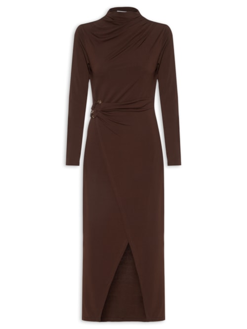 Vestido Manga Longa Com Transpasse - Marrom