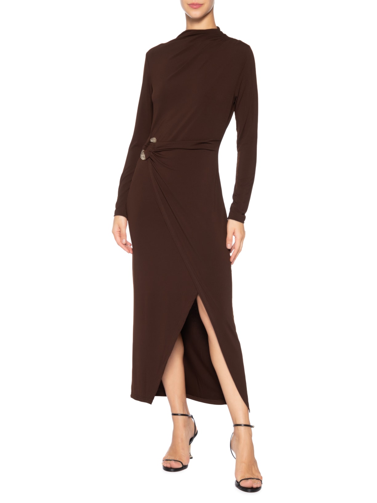 Vestido Manga Longa Com Transpasse Marrom '2Essential