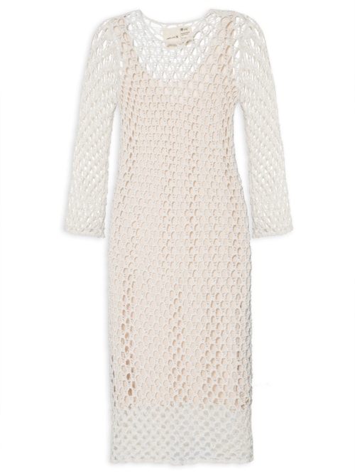 Vestido Manga Longa Tricot Aberto - Bege