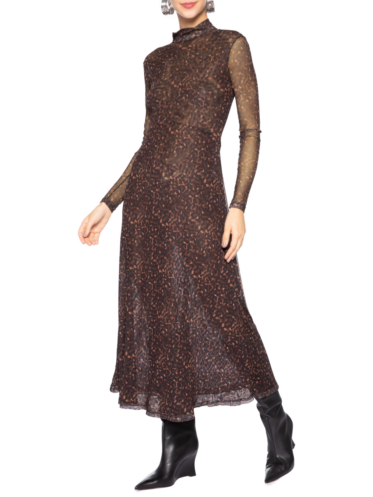 Vestido Manga Longa Tule Estampada Textura Bean Color Marrom Animale