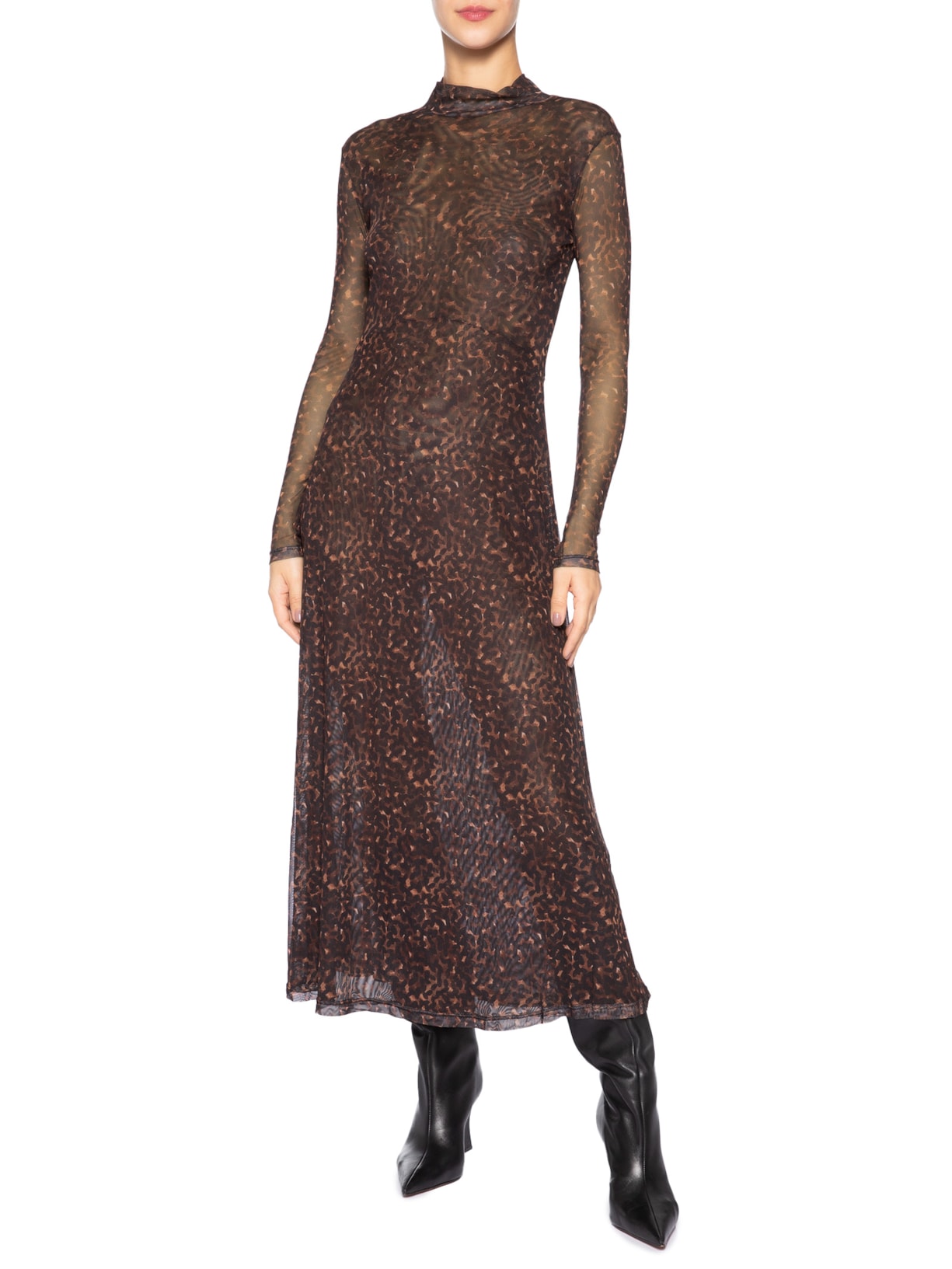 Vestido Manga Longa Tule Estampada Textura Bean Color Marrom Animale