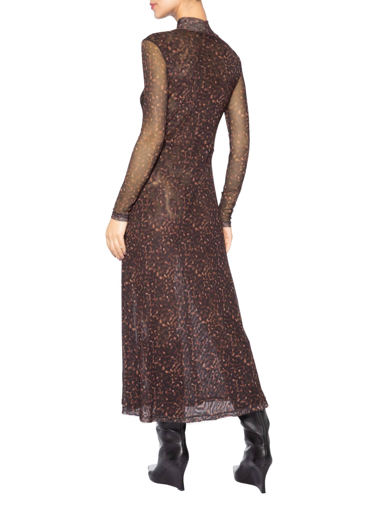 Vestido Manga Longa Tule Estampada Textura Bean Color Marrom Animale