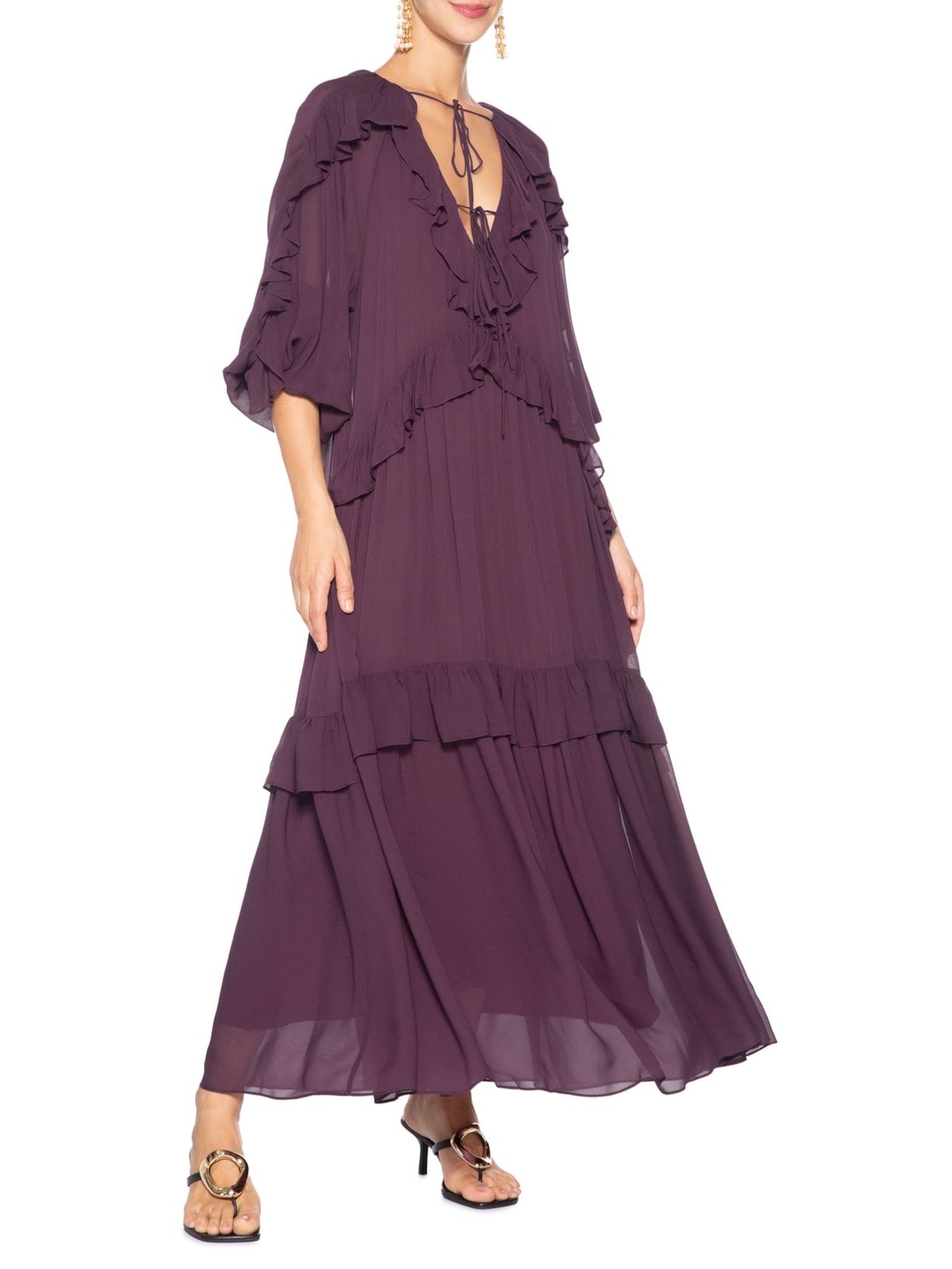 Vestido Mangas Babados Roxo Farm