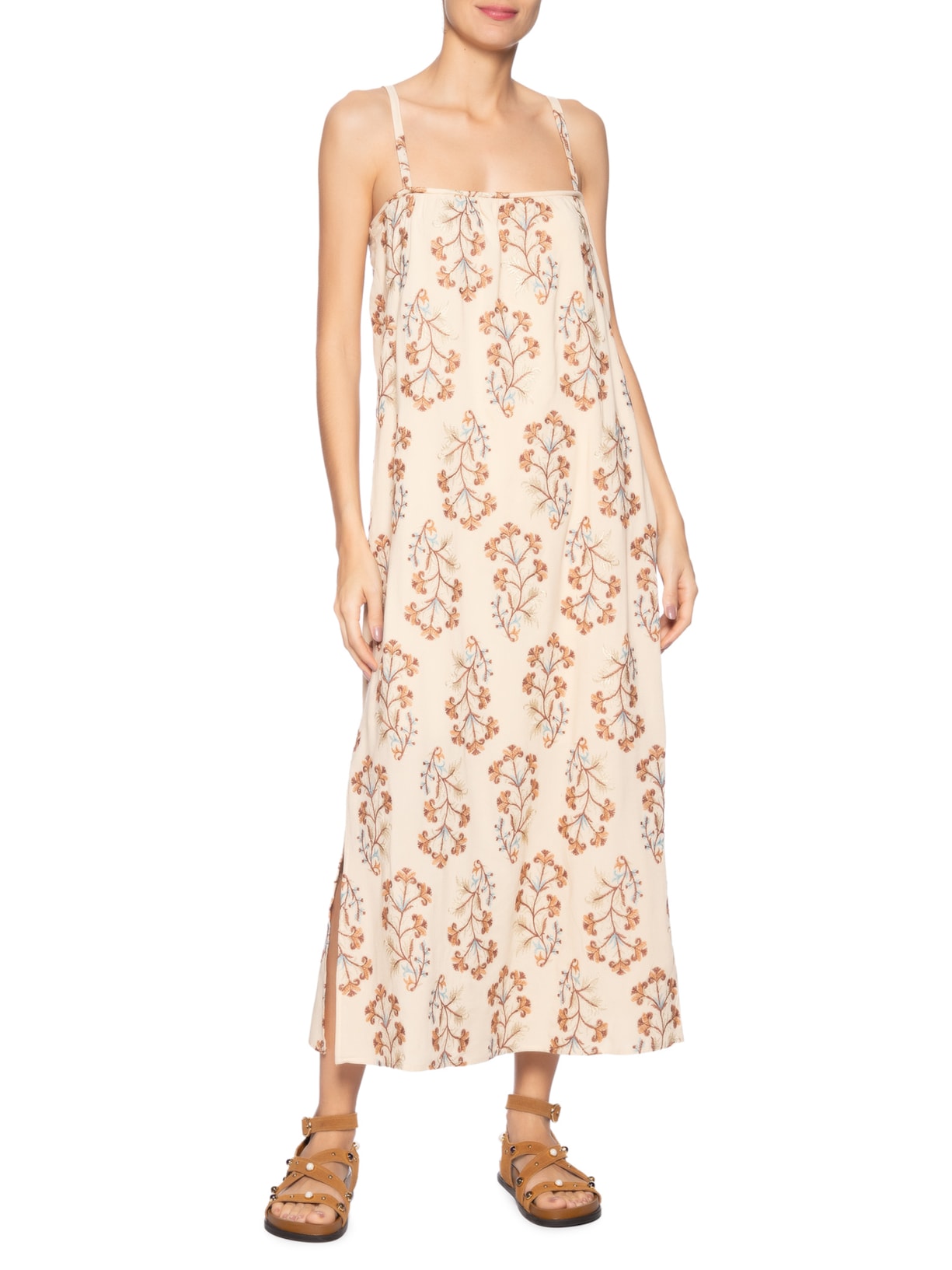Vestido Midi Alça Bordado Iris Bege Maria Filó