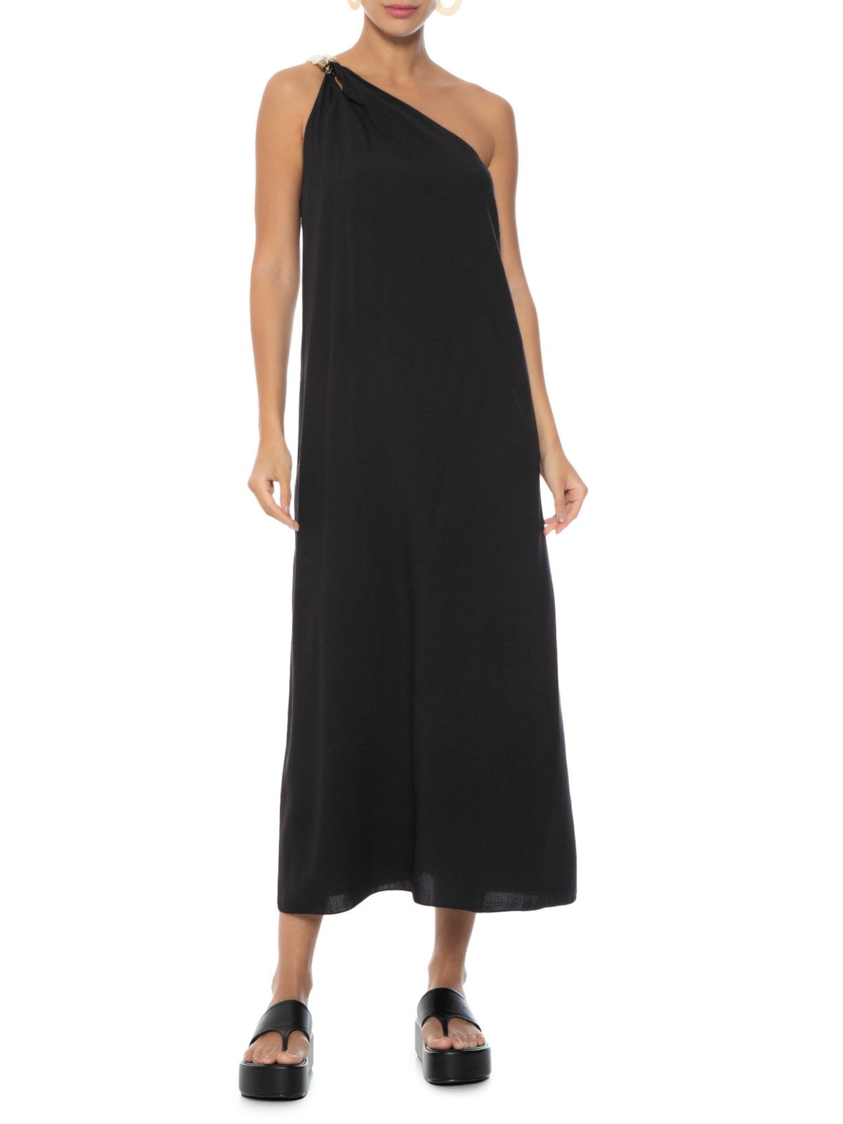 Vestido Midi Alça Cadarço Trançado Preto Dress To