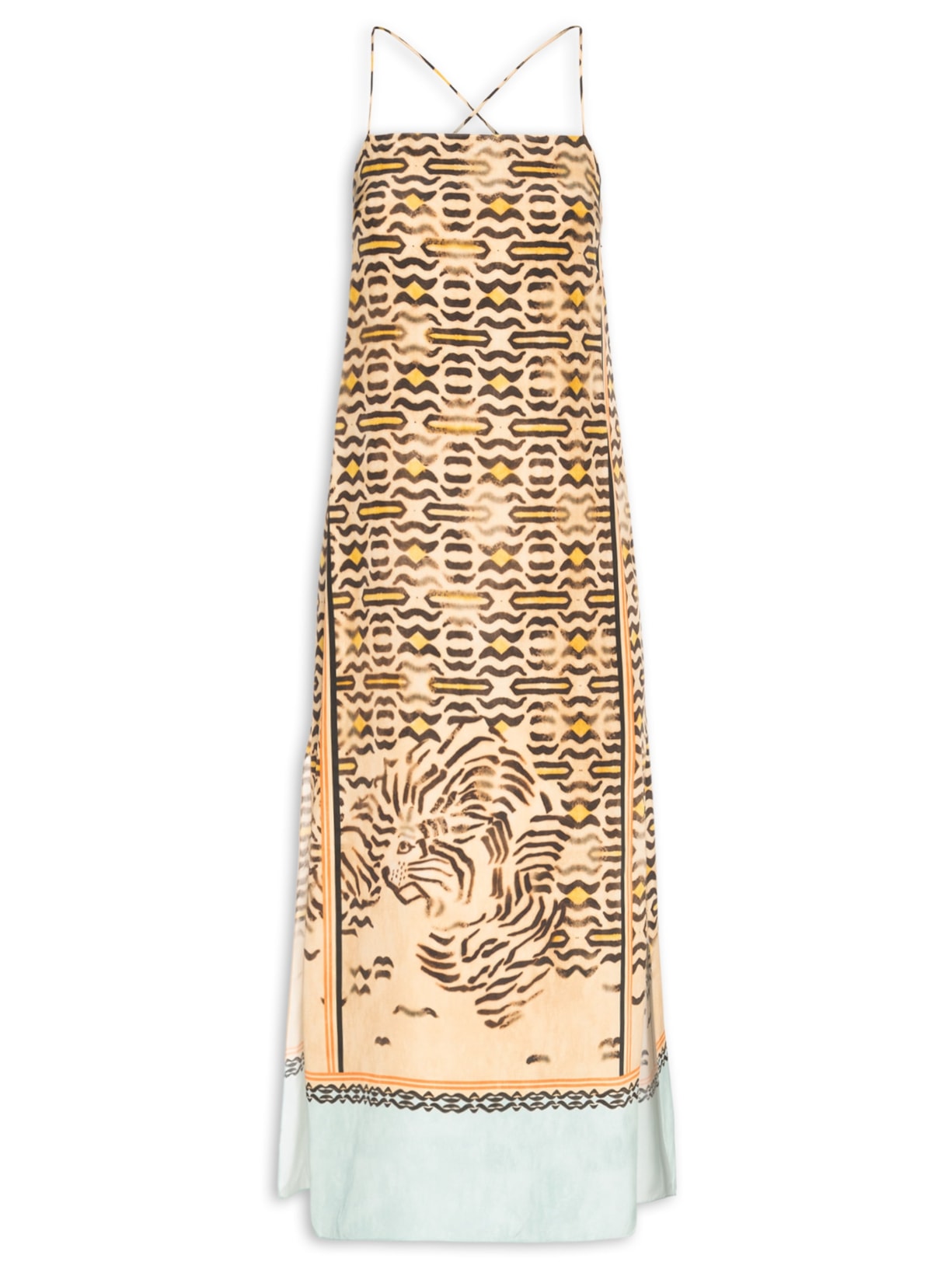 Vestido Midi Alça De Seda Estampado Barrado - Animal Print