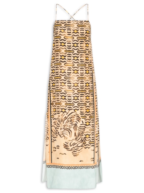 Vestido Midi Alça De Seda Estampado Barrado - Animal Print