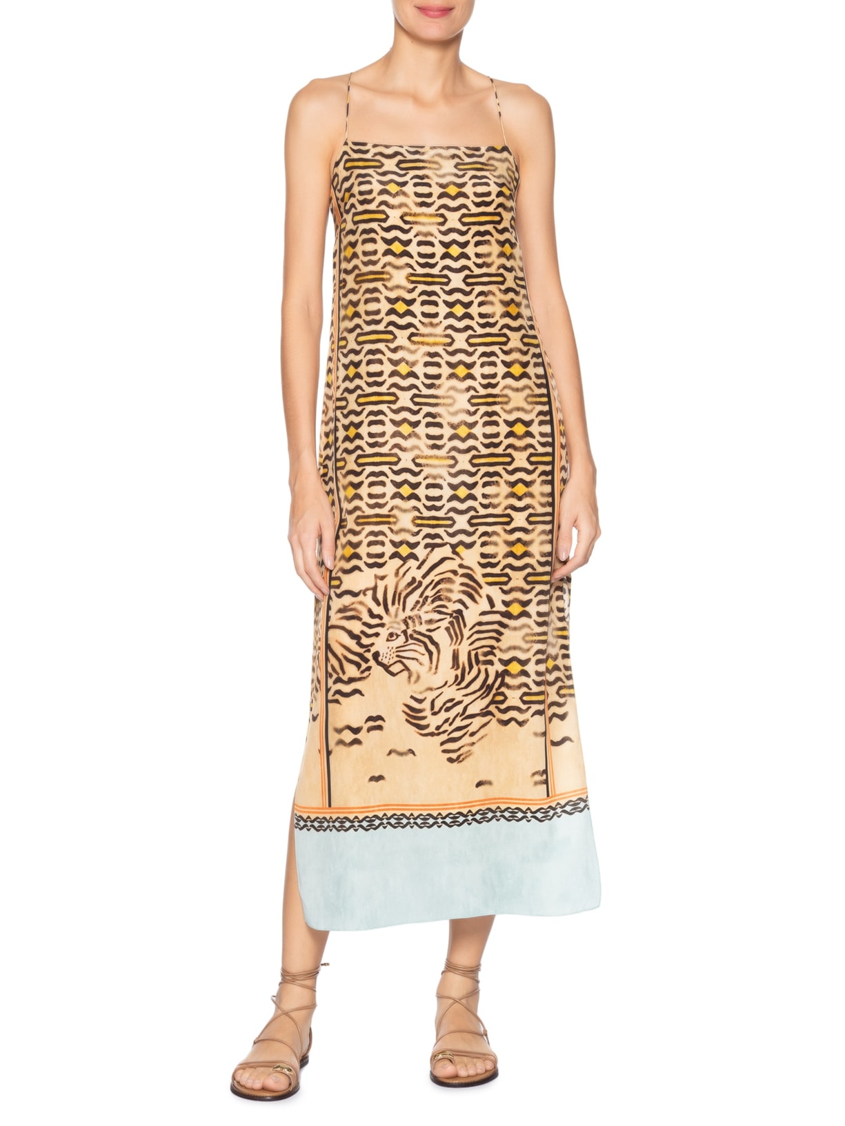 Vestido Midi Alça De Seda Estampado Barrado Animal Print Animale
