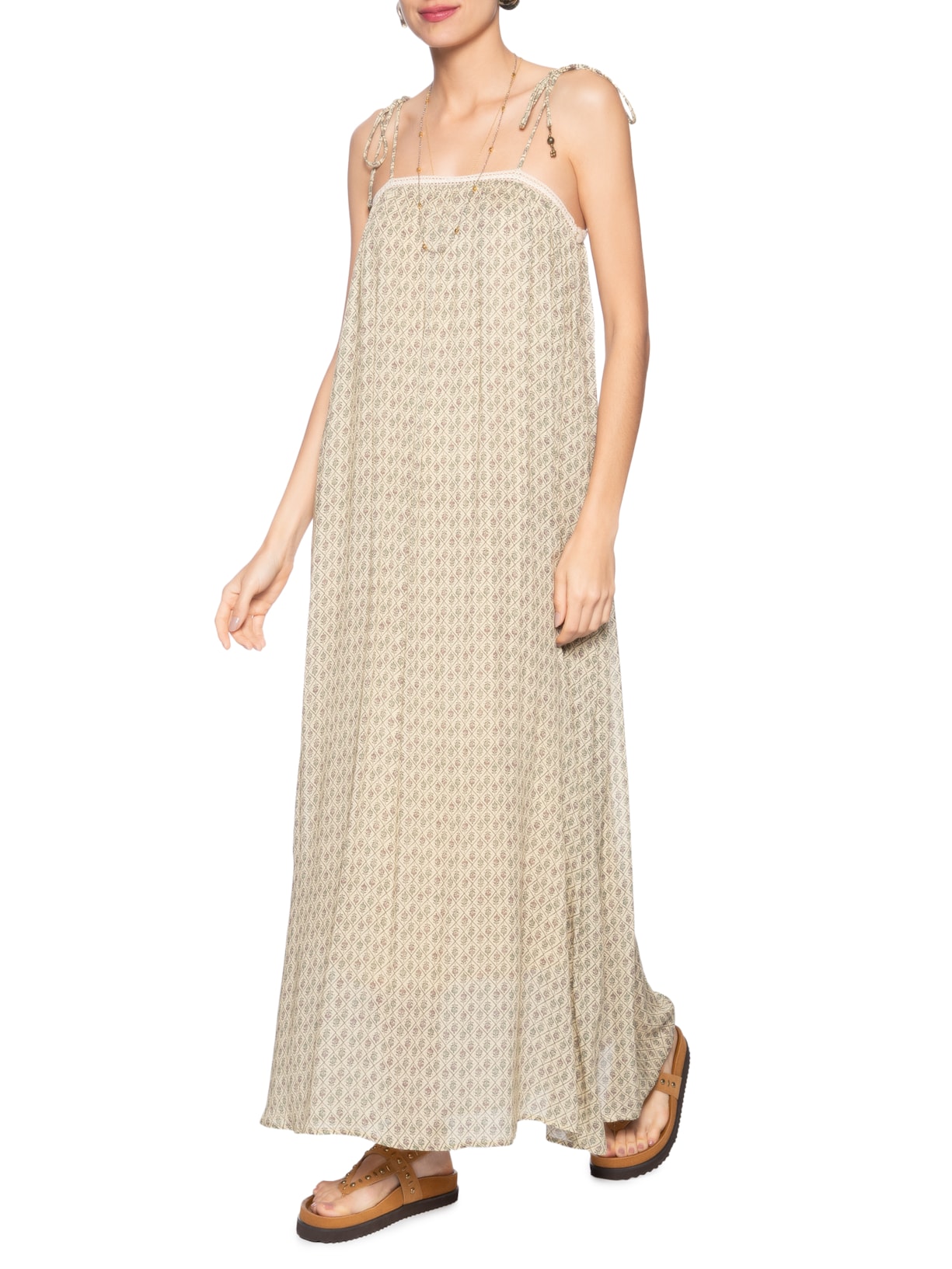 Vestido Midi Alça Estampa Lupine Bege Maria Filó