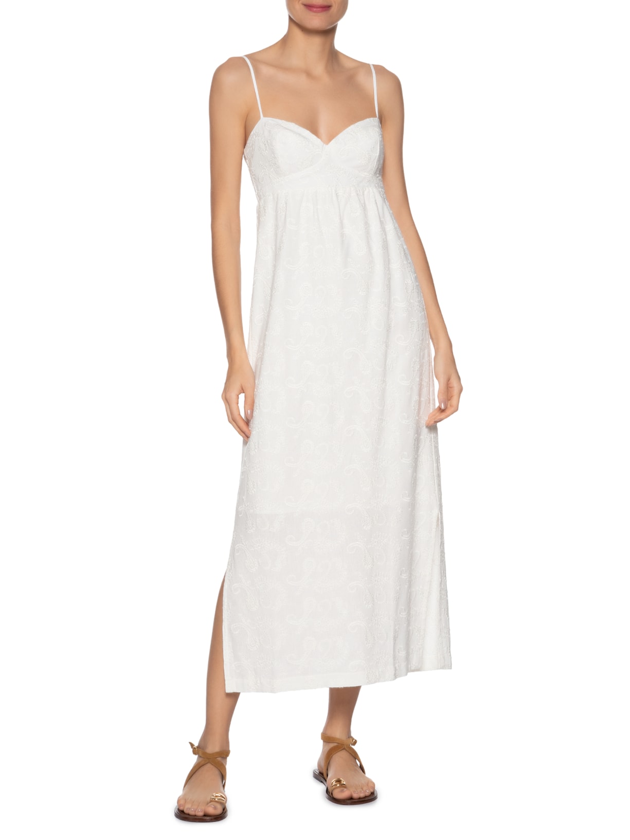 Vestido Midi Alcinha Bordado Paisley Branco Maria Filó