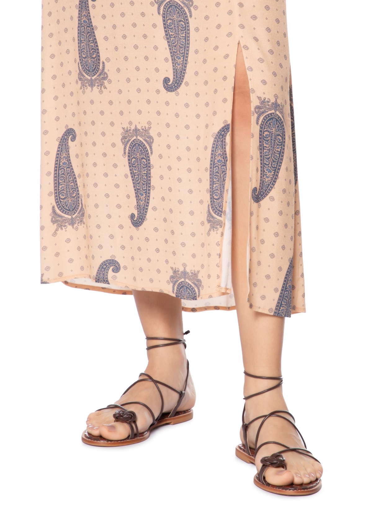 Vestido Midi Alcinha Estampa Glod Blue Bege Maria Filó