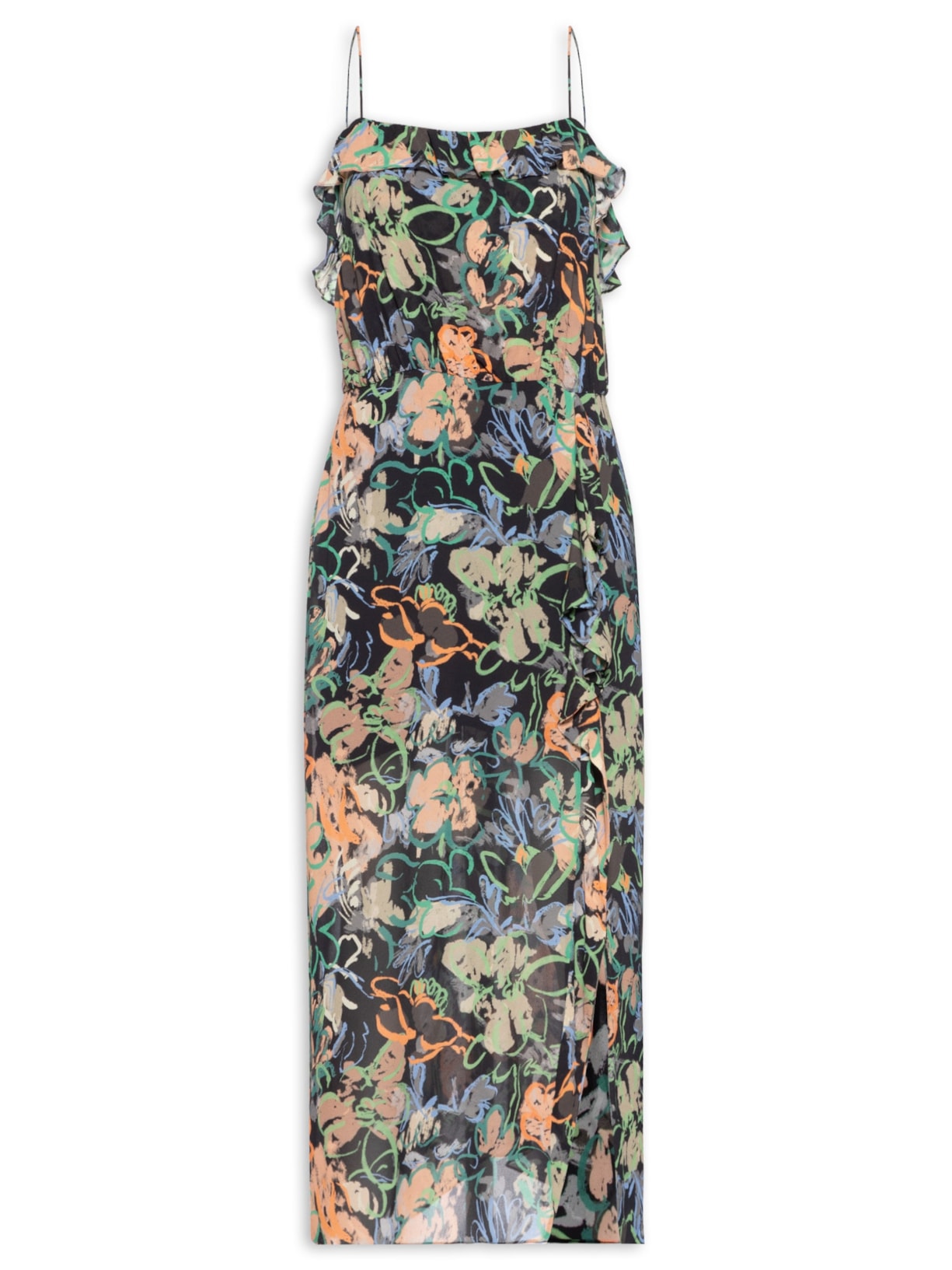 Vestido Midi Alcinha Floral Pastel - Preto