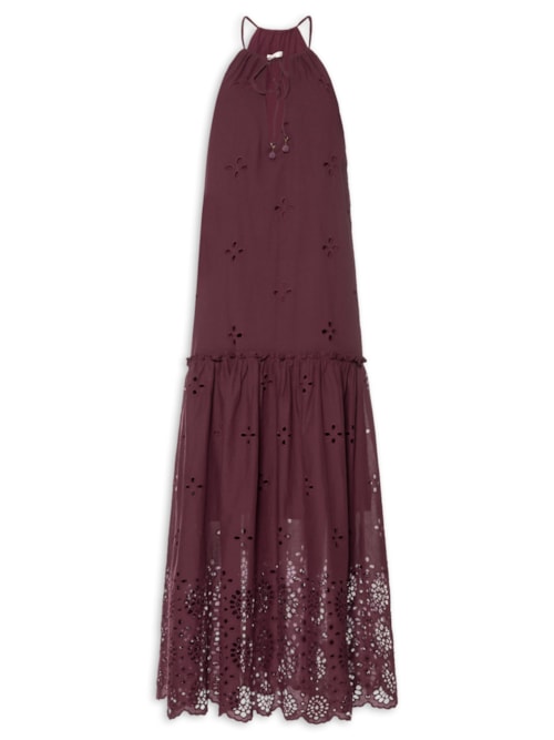 Vestido Midi Algodão Barrado - Vermelho