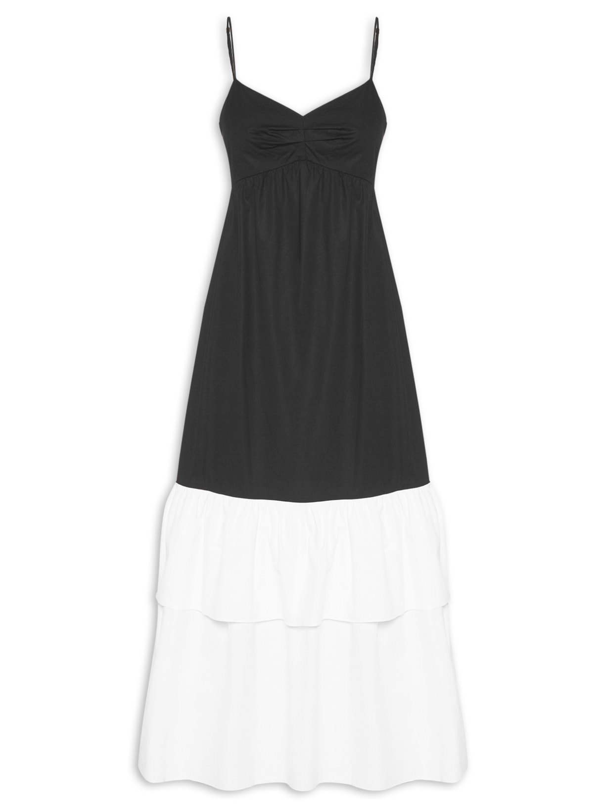 Vestido Midi Algodão Bicolor - Preto