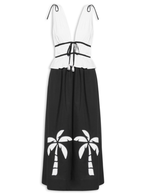 Vestido Midi Algodão Bordado Coqueiro - Preto